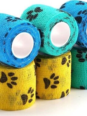 Pet Paw Print Cohesive Bandage Wraps - Yellow, Green, & Blue